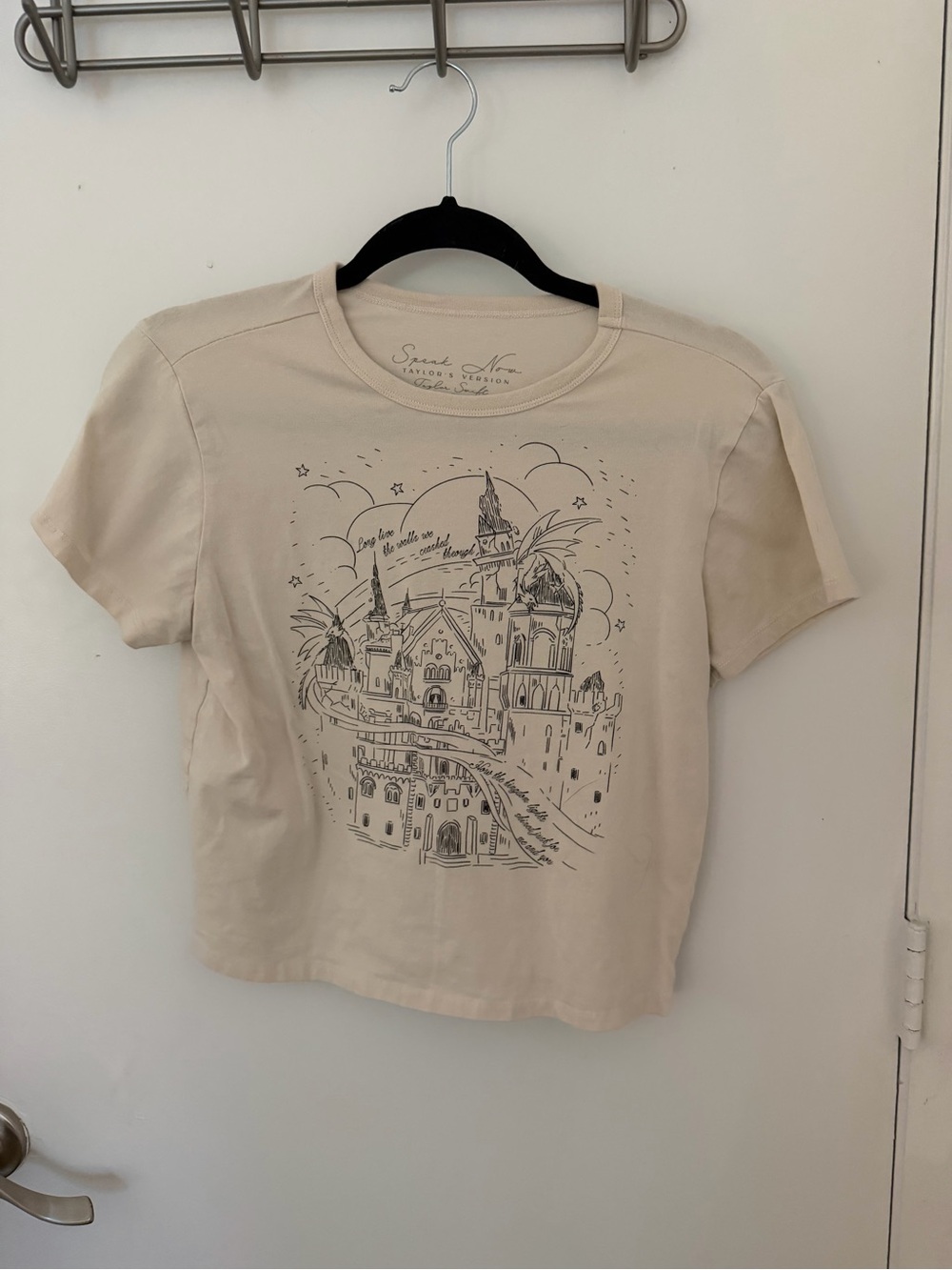 Taylor Swift Beige Graphic Crop Top with Castle Sketch